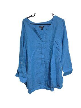 Lands End Linen Tunic Top Plus Size 1X Blue Roll Tab Sleeves Split Neckline